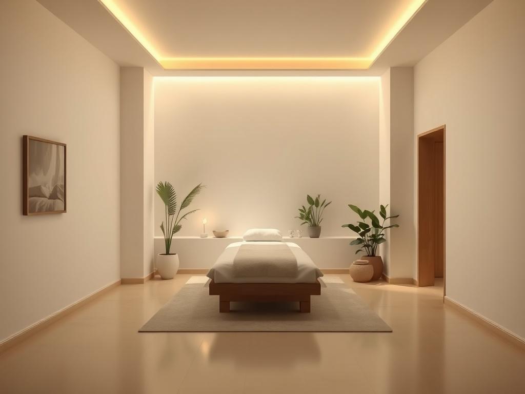 A serene wellness center interior with clean lines and minimalistic design. The focal point is a single, elegant treatment room featuring calming colors and natural light. A comfortable treatment bed is centered in the room, surrounded by plants and soft ambient lighting, conveying a sense of tranquility and rejuvenation.
