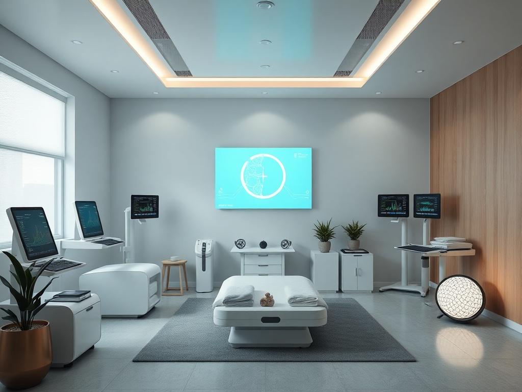 A serene wellness room equipped with advanced health technology, such as biofeedback machines and wellness monitors. The environment is peaceful, focusing on health and recovery.