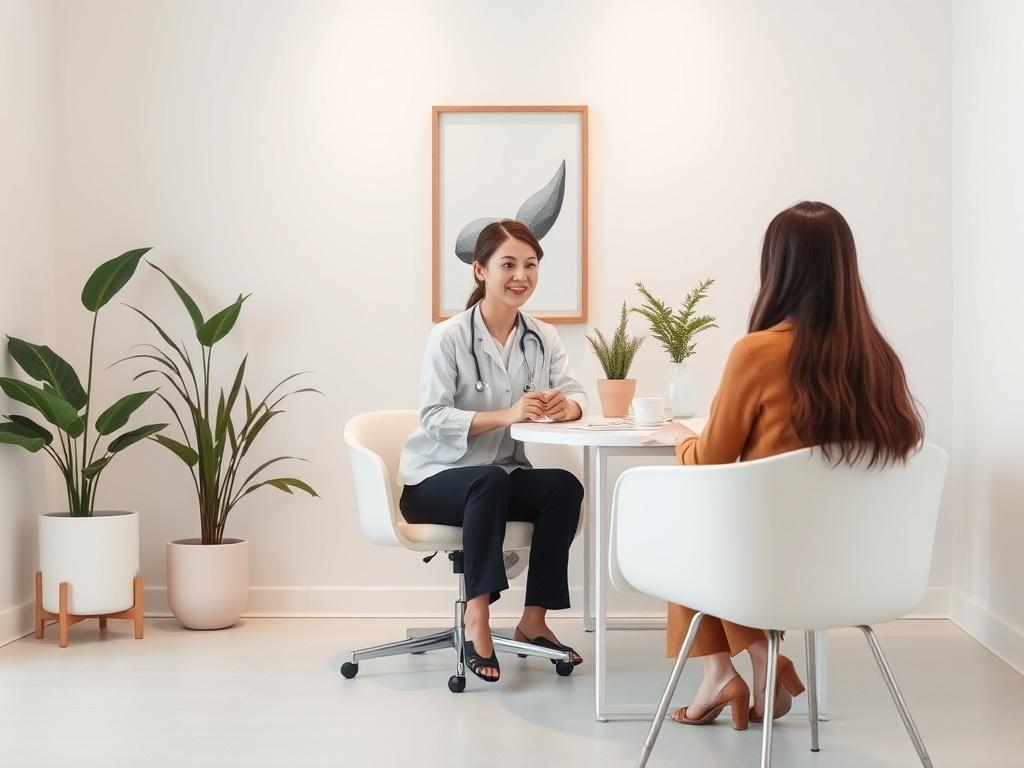 A calm and inviting consultation room with a health professional seated at a desk, engaging with a client. The background features wellness-themed decor, such as plants and soothing artwork, creating a relaxing atmosphere.
