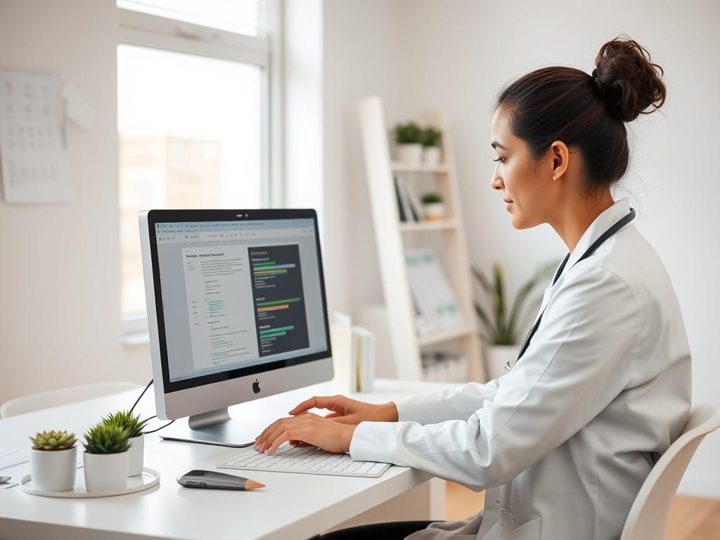 A focused health professional working on a computer, creating a personalized health protocol. The setting is bright and organized, with wellness materials and charts visible in the background.