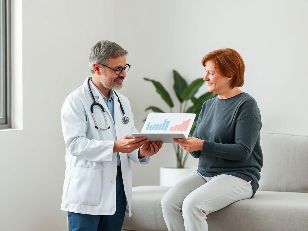 A supportive environment with a health professional discussing progress with a client, showcasing charts and graphs on a tablet. The atmosphere is friendly and encouraging.
