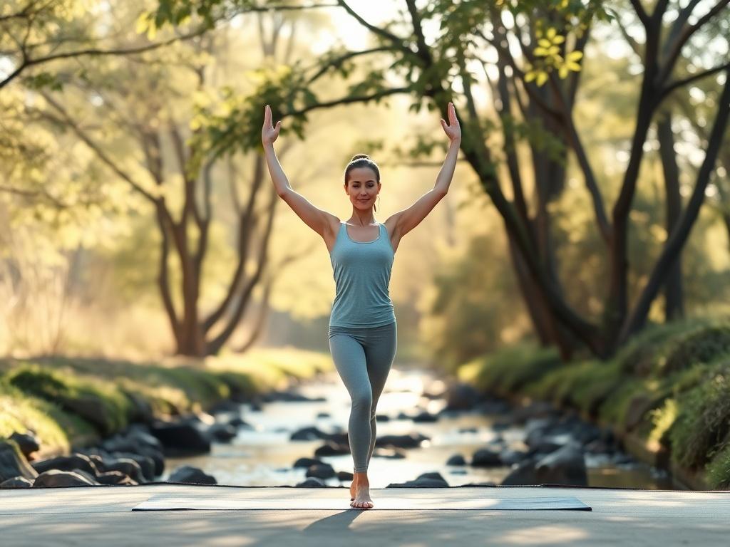 A serene, high-resolution image of a healthy, vibrant individual practicing yoga in a tranquil outdoor setting. The background features soft, natural elements like trees and a gentle stream, emphasizing peace and wellness. The individual is centered, showcasing a relaxed yet energized pose, with sunlight filtering through the leaves, creating a calm and inviting atmosphere. The composition is clean and minimalistic, focusing solely on the subject to convey a sense of rejuvenation.