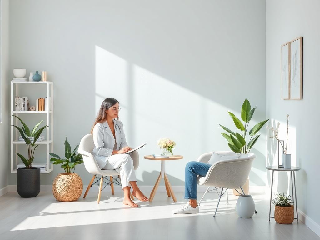 A tranquil consultation room with a health professional discussing a personalized longevity plan with a client, with wellness tools and resources neatly arranged, bright colors, and a focus on simplicity and clarity.
