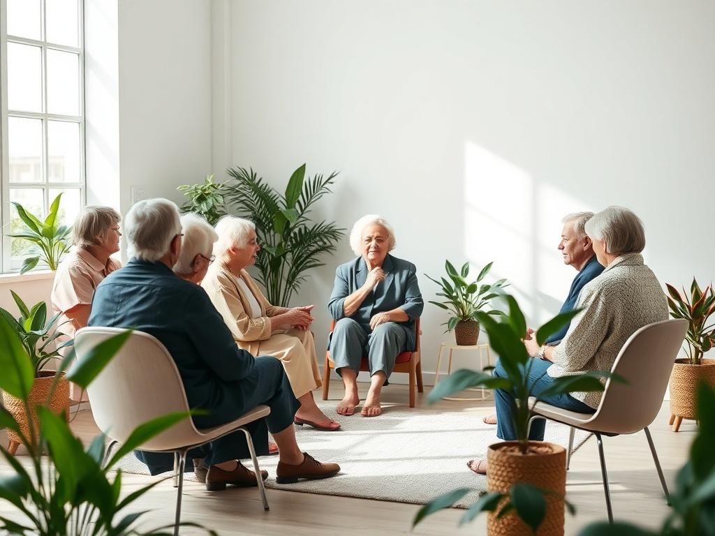 An inviting workshop space where a group of older adults engage in a community wellness workshop, with a facilitator guiding them through stress management techniques, surrounded by plants and soft, natural light.