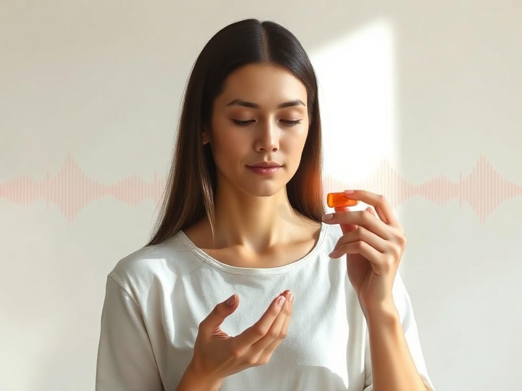 A serene and focused individual engaging in Quantum Muscle Testing, with a calm expression and a backdrop of soft, natural light. The setting should be minimalistic, emphasizing a sense of tranquility and connection to nature. The individual is holding a small object, symbolizing a frequency test, while surrounded by elements representing various frequencies, such as subtle waves or light patterns in the background. The overall composition should convey harmony, insight, and empowerment.