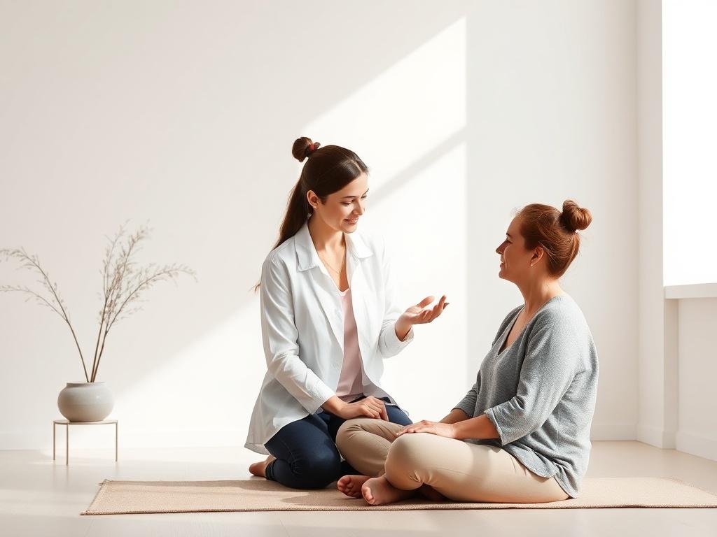 A serene, high-resolution image of a wellness coach guiding a client in a bright, minimalistic room. The coach is engaged with the client, who appears relaxed and focused. The background features clean lines and soft, calming colors that evoke a sense of tranquility and health. The composition emphasizes the interaction between the coach and the client, showcasing a nurturing environment that reflects holistic wellness.