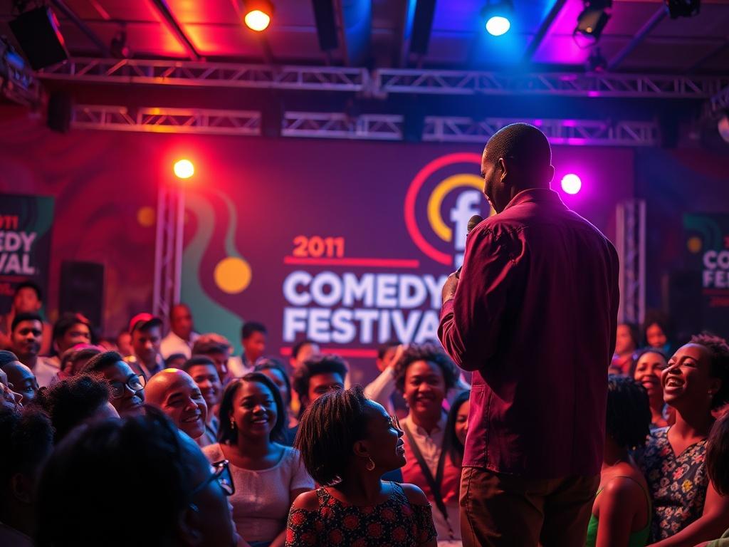 A vibrant and lively scene of a comedy festival in