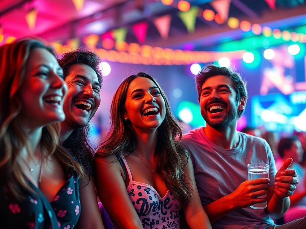 A cheerful group of friends enjoying a comedy show at