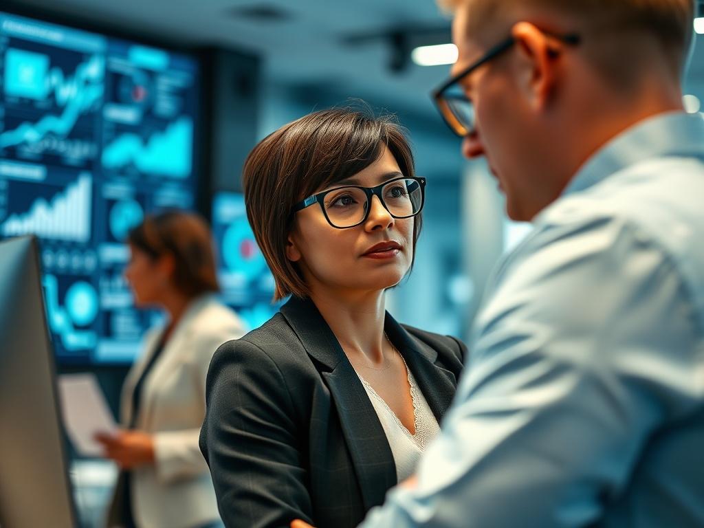 A professional and modern office setting, showcasing a diverse team of tech experts collaborating around a sleek, high-tech workspace. The image should focus on one individual, a woman with short hair and glasses, immersed in a conversation about AI automation. The background should be slightly blurred, featuring contemporary tech elements like screens displaying graphs and AI interfaces, with a color palette aligning with a blue gradient.