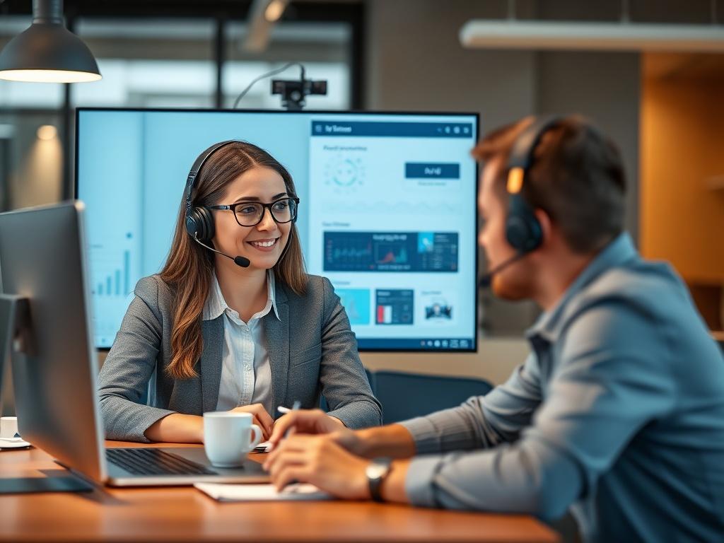 A support team member on a video call with a client, discussing system performance. The setting is professional and inviting, highlighting collaboration.