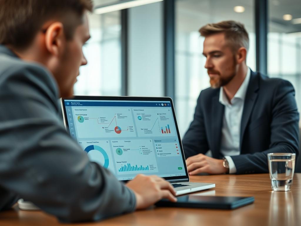 A professional meeting setting with two people discussing automation strategies. The focus is on a laptop displaying workflow charts. The background is softly blurred, emphasizing the discussion.