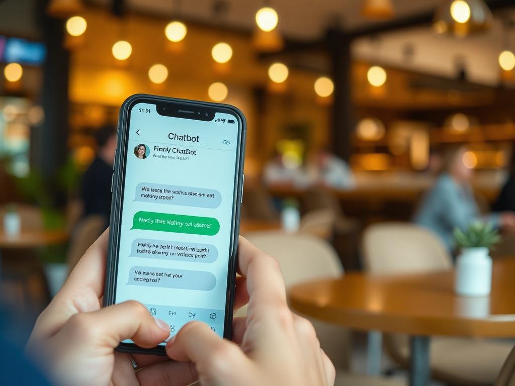 A close-up shot of a smartphone displaying a friendly chatbot interface, with a person interacting with it. The background shows a busy café setting, symbolizing modern communication and customer engagement.