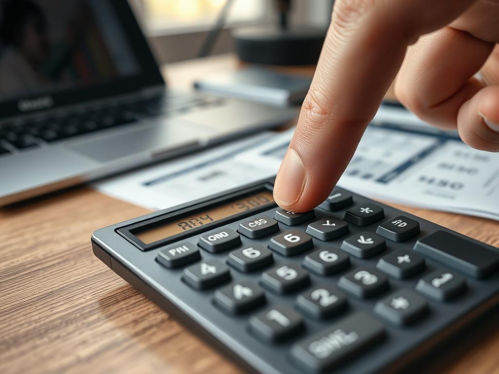 A close-up shot of a calculator displaying reduced costs, with a hand pointing at it. The background features an office desk with financial documents and a laptop, symbolizing a focus on business efficiency and cost management.