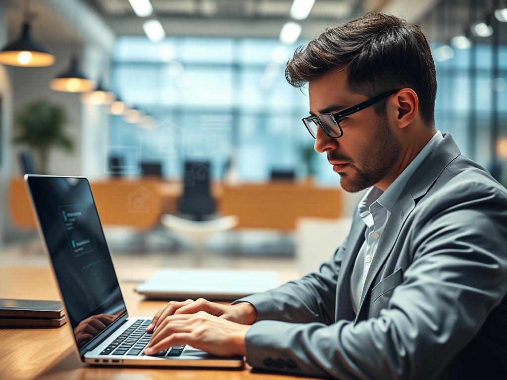 A close-up shot of a business professional working on a laptop with a focused expression, surrounded by digital interface elements representing automation and efficiency. The background is a bright office space with modern design, emphasizing a productive work environment.