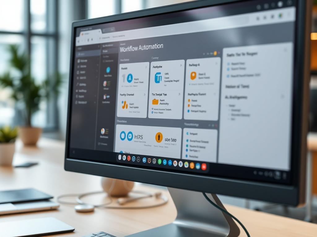 A close-up shot of a computer screen showing a workflow automation dashboard, with various applications and connections visualized. The background should be a modern office setting, highlighting a productive and tech-savvy environment.