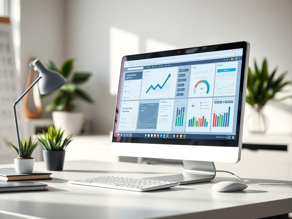 A close-up shot of a modern office workspace featuring a sleek computer displaying automation software. The background should be minimalistic, highlighting the technology and a calm, productive atmosphere. Use natural lighting to create a bright and inviting feel.