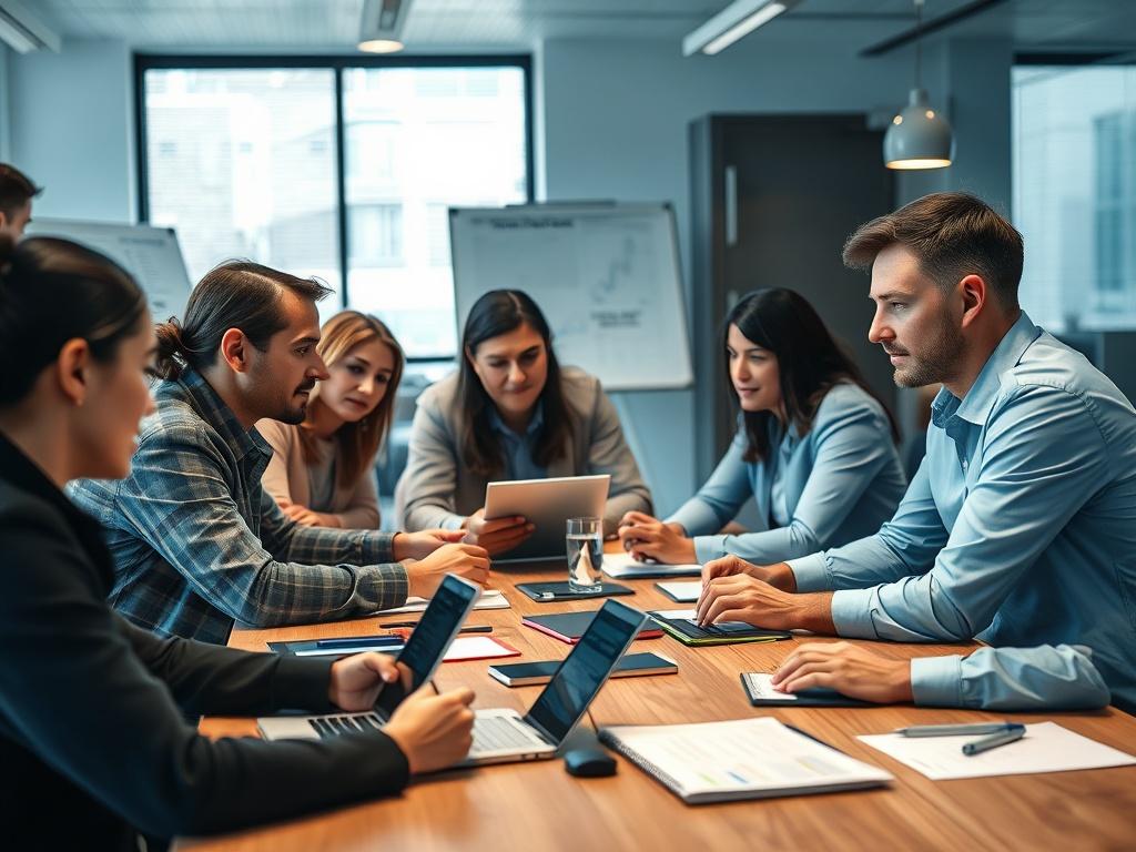 A close-up image of a team meeting in a contemporary office setting, with diverse professionals discussing automation strategies around a table cluttered with digital devices and notebooks, all highlighted in a bright atmosphere with blue tones to align with rgb(40, 93, 225).