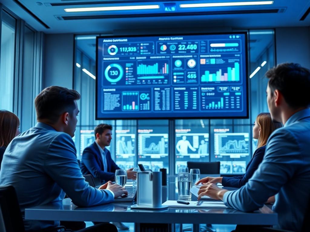 A vibrant close-up shot of a high-tech conference room featuring a large screen displaying automation data, with business leaders engaged in discussion, all under a modern lighting setup that emphasizes a tech-focused environment, highlighted by blue hues to reflect rgb(40, 93, 225).