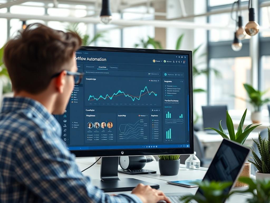 A close up shot of a modern office workspace with