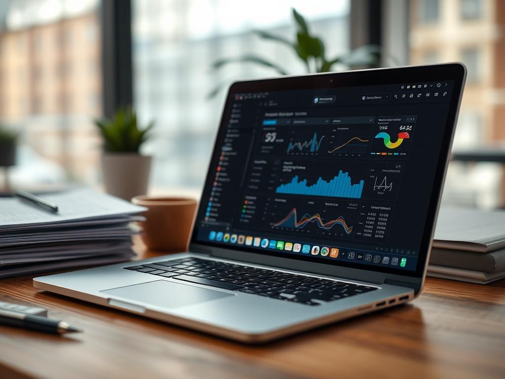 A hyper realistic close up of a modern workspace featuring