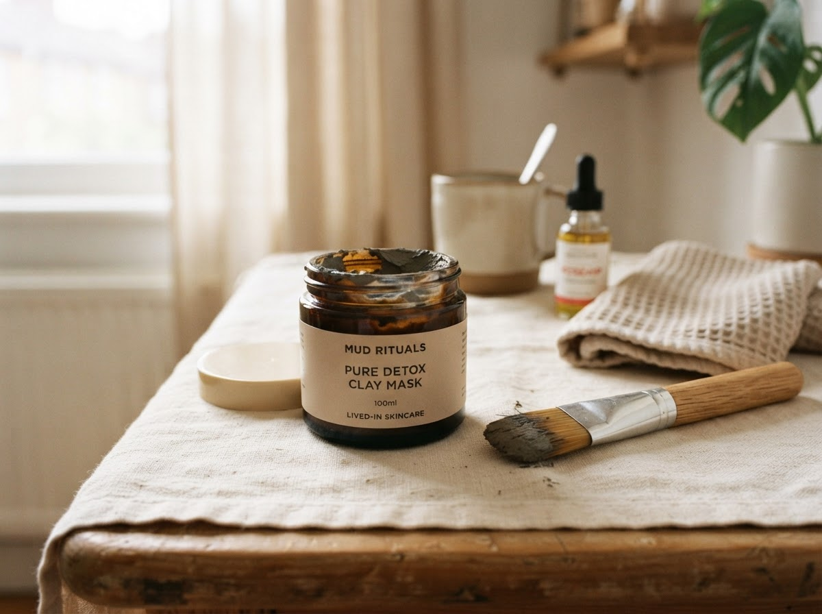 Half-used clay mask jar with application brush