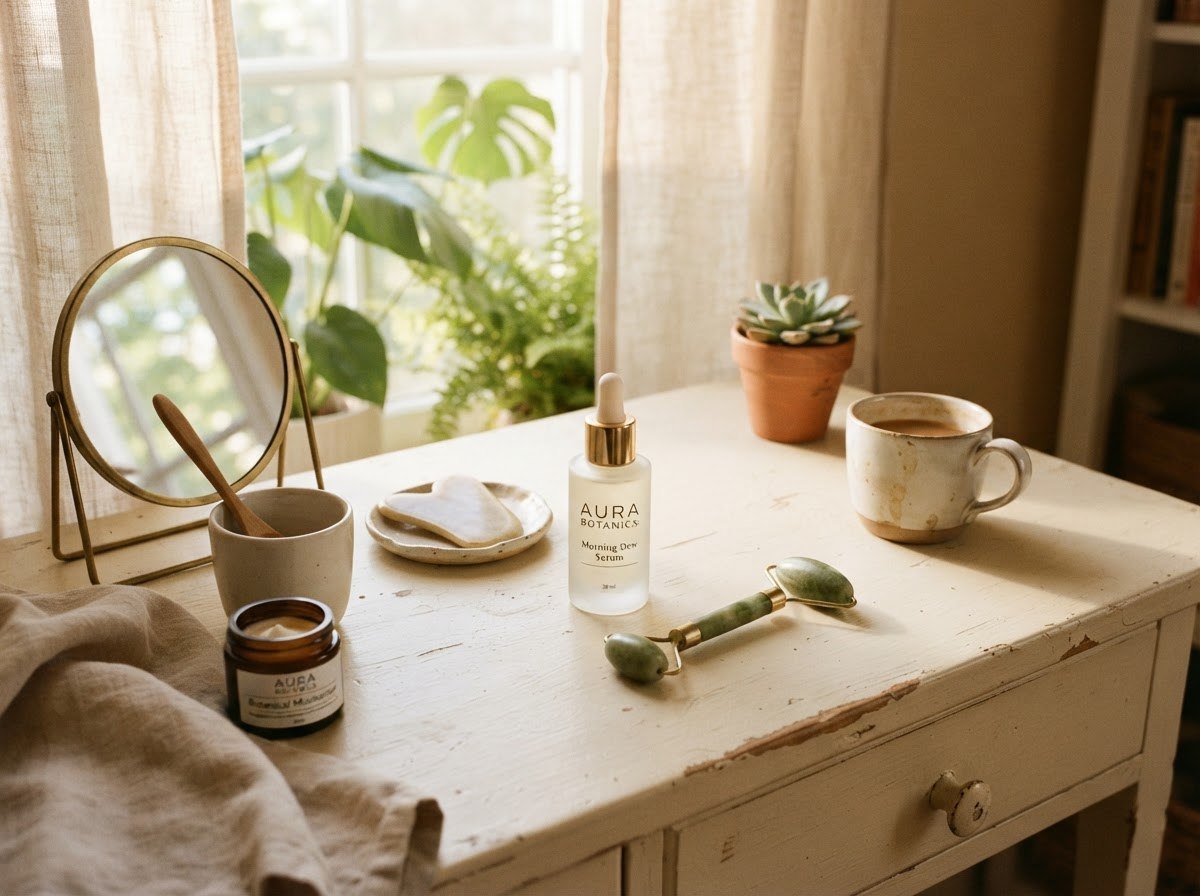 Skincare tools and serum on a cream desk in morning light