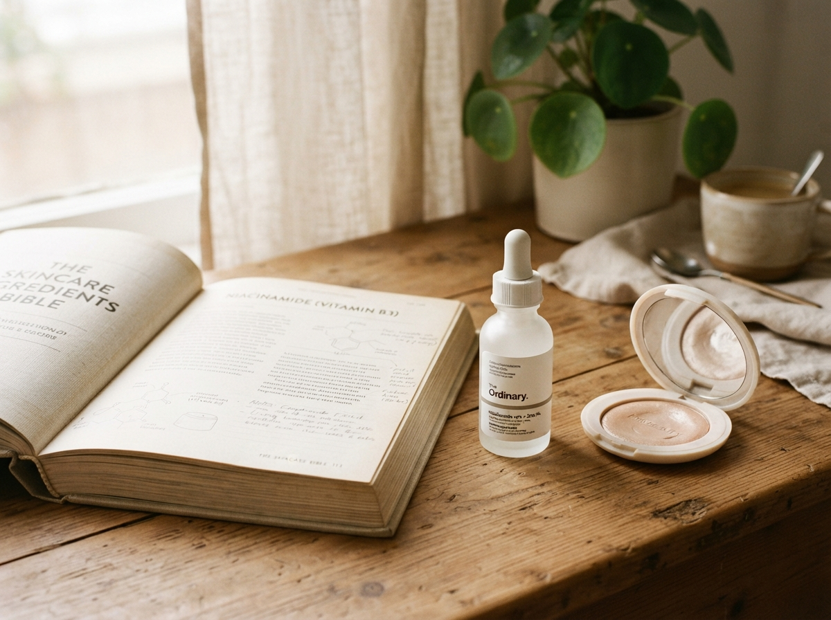 Open ingredient reference book beside a niacinamide serum bottle and highlighter