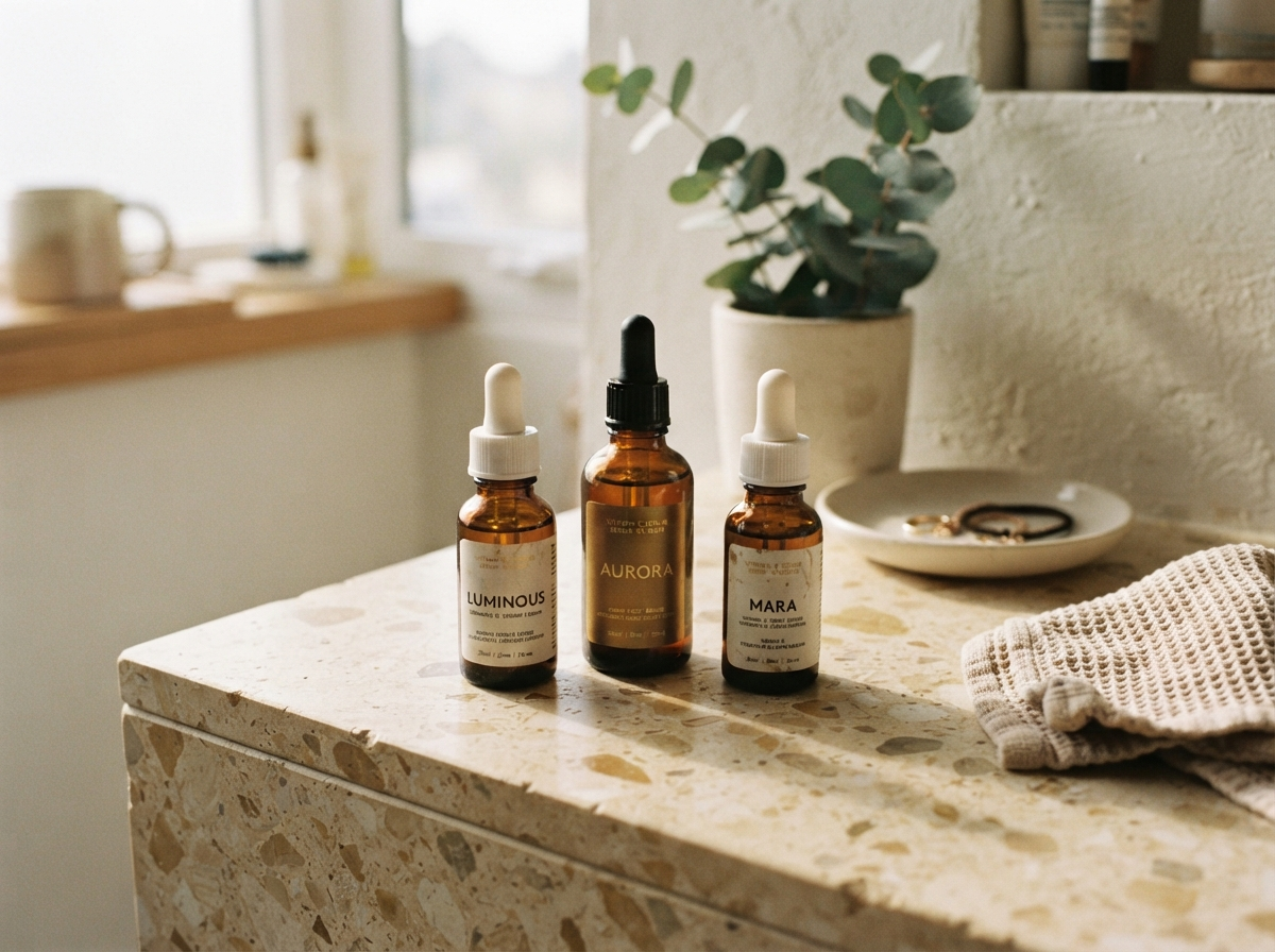 Three vitamin C serum bottles on a cream terrazzo surface