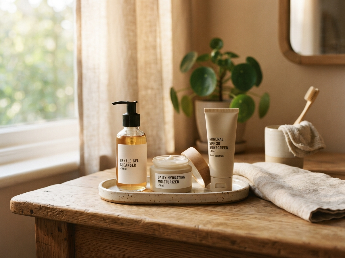 Simple morning routine: gel cleanser, moisturizer jar, and mineral sunscreen