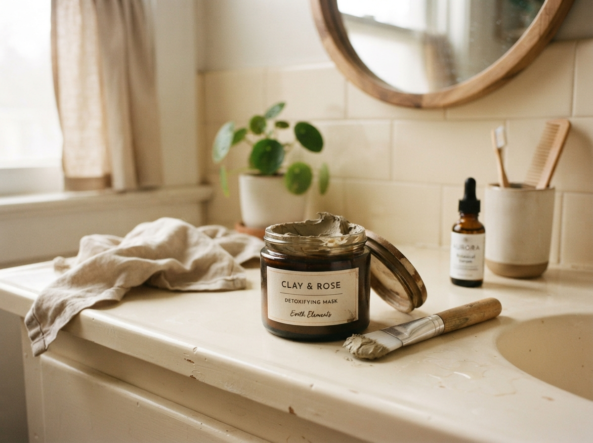 Half-used clay mask jar with brush on a cream bathroom counter