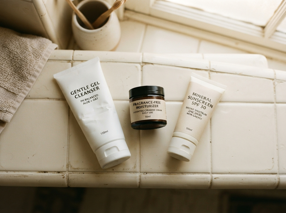 Cleanser, moisturizer, and sunscreen laid out on a cream bathroom shelf