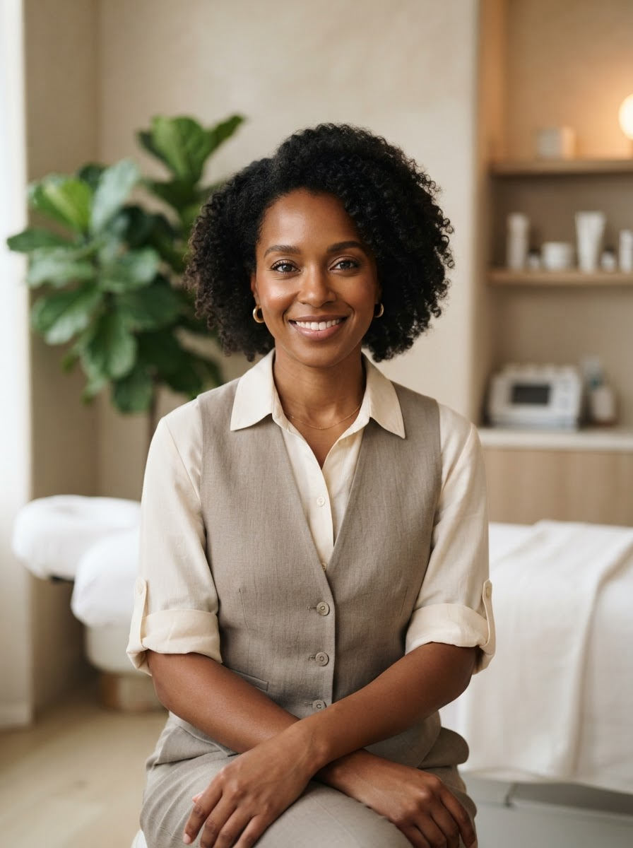 Professional portrait of Nadia, a licensed esthetician, in a modern spa treatment room