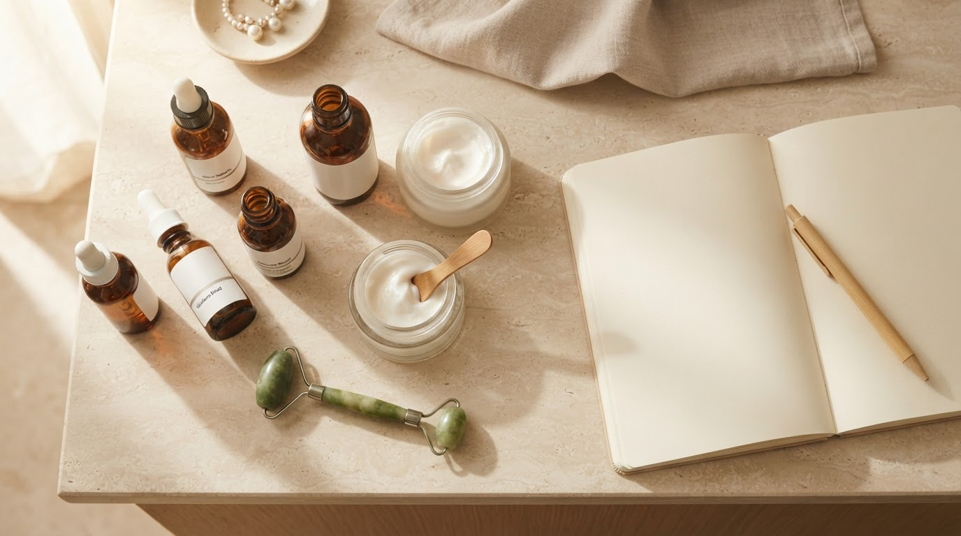 Overhead view of a lived-in vanity counter: half-used serum bottles, a jade roller, an open notebook, and a coffee ring in warm morning light