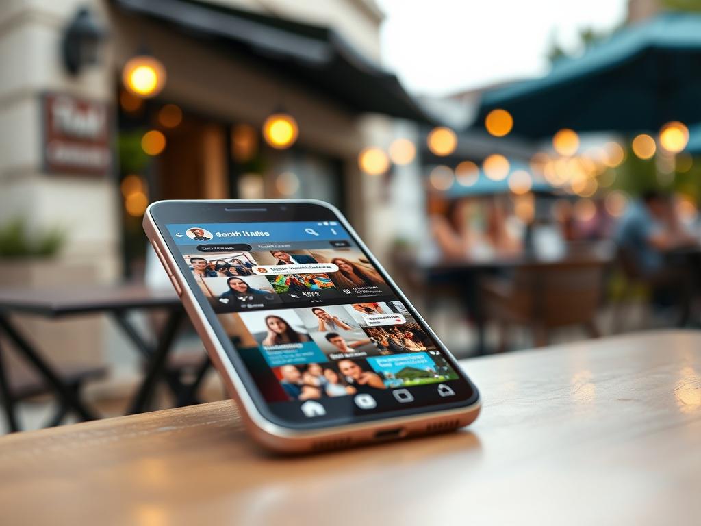 A close-up shot of a smartphone displaying vibrant social media feeds, with notifications popping up, symbolizing social media growth. The background is a blurred outdoor café setting, adding a lively atmosphere. The focus is sharp on the phone's screen, showcasing colorful posts and engagement metrics. The image should have a soft bokeh effect, emphasizing the details of the smartphone while maintaining a warm, inviting ambiance.