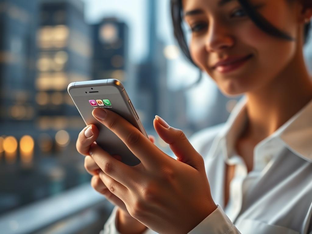 A hyper-realistic close-up shot of a confident young professional holding a smartphone with social media notifications popping up. The background shows a blurred cityscape, symbolizing digital connectivity. The lighting is bright and inviting, with a focus on the smartphone screen displaying vibrant social media icons. The image should capture the essence of engagement and growth in a modern digital landscape.