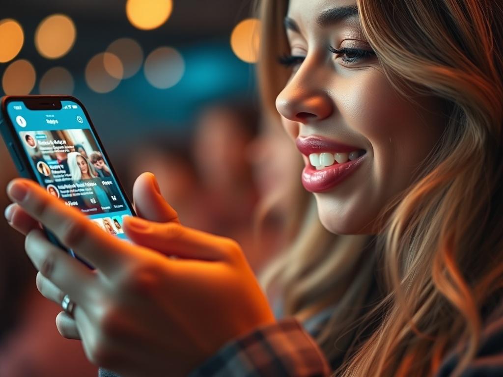 A close-up shot of an influencer engaging with their audience on social media, showcasing a smartphone displaying vibrant social media notifications. The background is softly blurred to emphasize the influencer, with warm tones and a focus on the details of their expression, capturing excitement and connection. The image is rendered in high-resolution, compatible with the rgb(193, 153, 87) primary color.