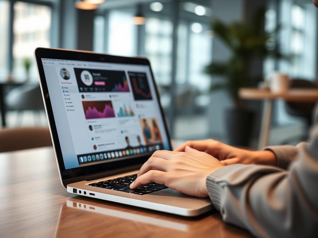 A close-up shot of a confident digital marketer working on a laptop in a modern office setting. The focus is on their hands typing, with a vibrant social media dashboard on the screen. The background is softly blurred to emphasize the subject, and the overall color palette incorporates shades of rgb(3, 125, 201) for a cohesive look.