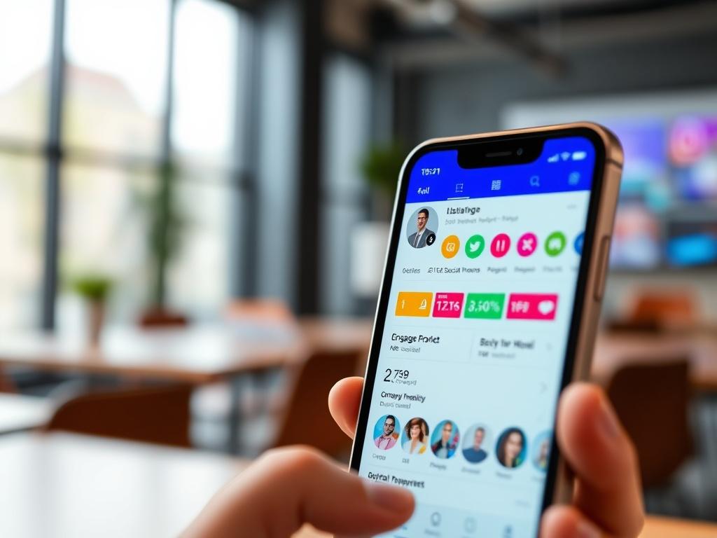 A close-up shot of a smartphone displaying vibrant social media profiles, set against a blurred, modern office background. The smartphone should be the main subject, showcasing clear engagement metrics and colorful follower counts. The lighting should be bright and inviting, with a focus on the screen to highlight the social media presence. The overall color scheme should match the primary color #136A5C.