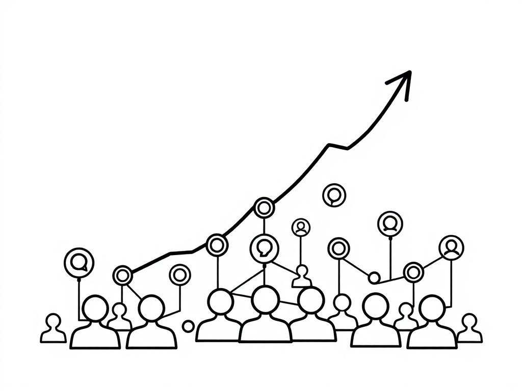 A high-quality illustration of a vibrant, connected social media network symbolized by a growth chart with rising arrows and interconnected circles representing followers. The background should be simple and clean, using a crisp, solid black line drawing style, aligning with the primary color rgb(29, 198, 181).