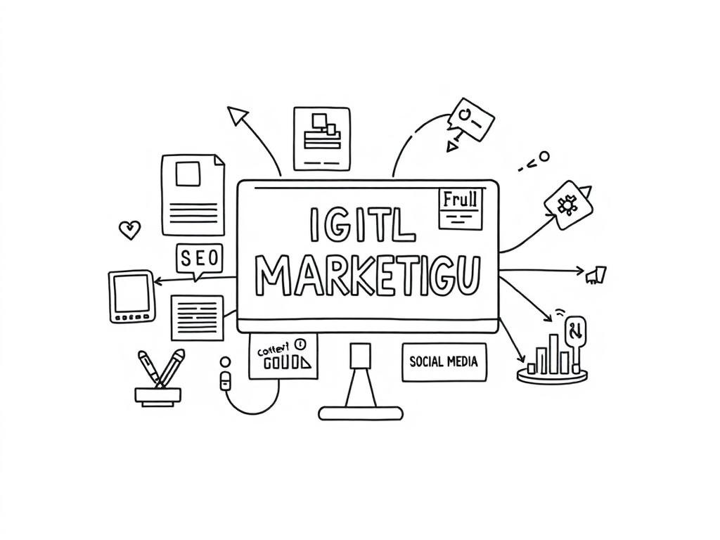 A high-quality illustration of a digital marketing strategy board showcasing various tactics like SEO, social media, and content creation. The design should be simple and clear, rendered in crisp, solid black line drawing style with a subtle emphasis on the primary color rgb(29, 198, 181) in the background.