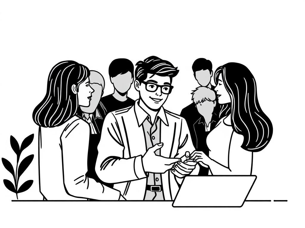 A high-quality illustration depicting a modern influencer marketing scenario with a professional figure engaging with followers on social media platforms. The design should be in crisp, solid black line drawing style against a minimalistic background, featuring the primary color rgb(29, 198, 181) subtly integrated.