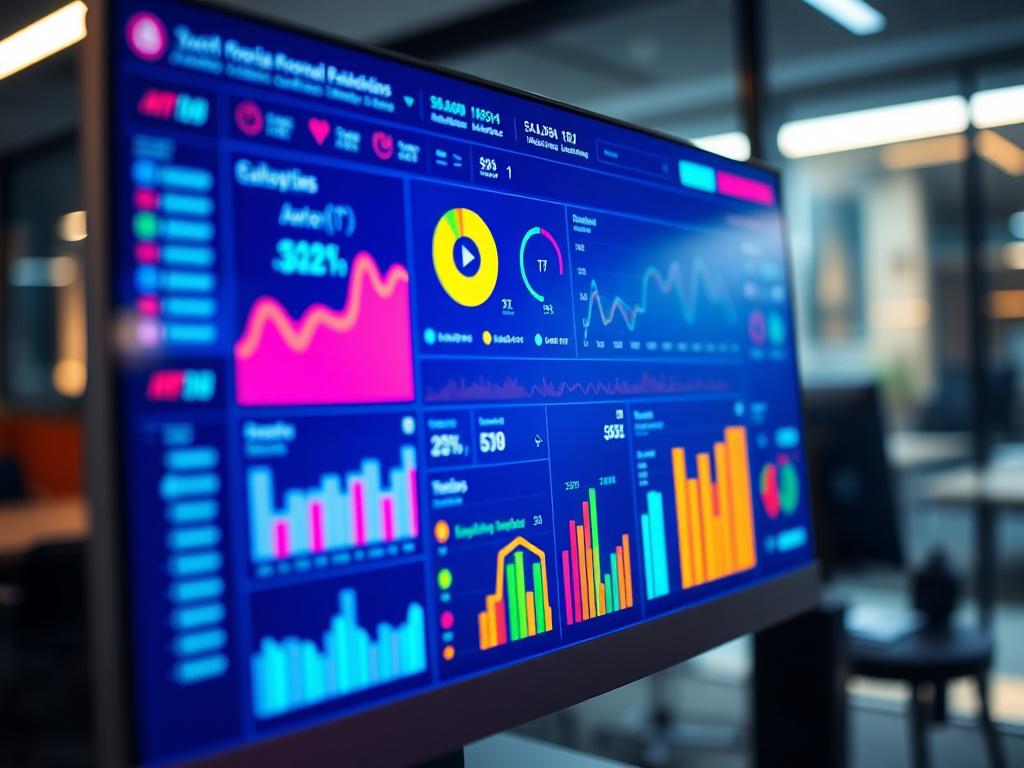 A close-up shot of a vibrant social media dashboard displaying analytics and engagement metrics. The screen is filled with colorful graphs and follower counts, set against a sleek modern office background. The focus should be on the glowing screen with a slight blur on the background, simulating a high-end digital workspace environment.