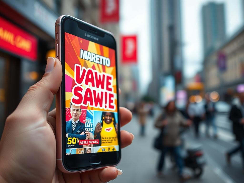 A dynamic close-up shot of a vibrant advertisement displayed on a smartphone screen. The screen shows an eye-catching promotional image with bright colors and enticing visuals. The background features a blurred urban setting, conveying the idea of modern digital marketing.