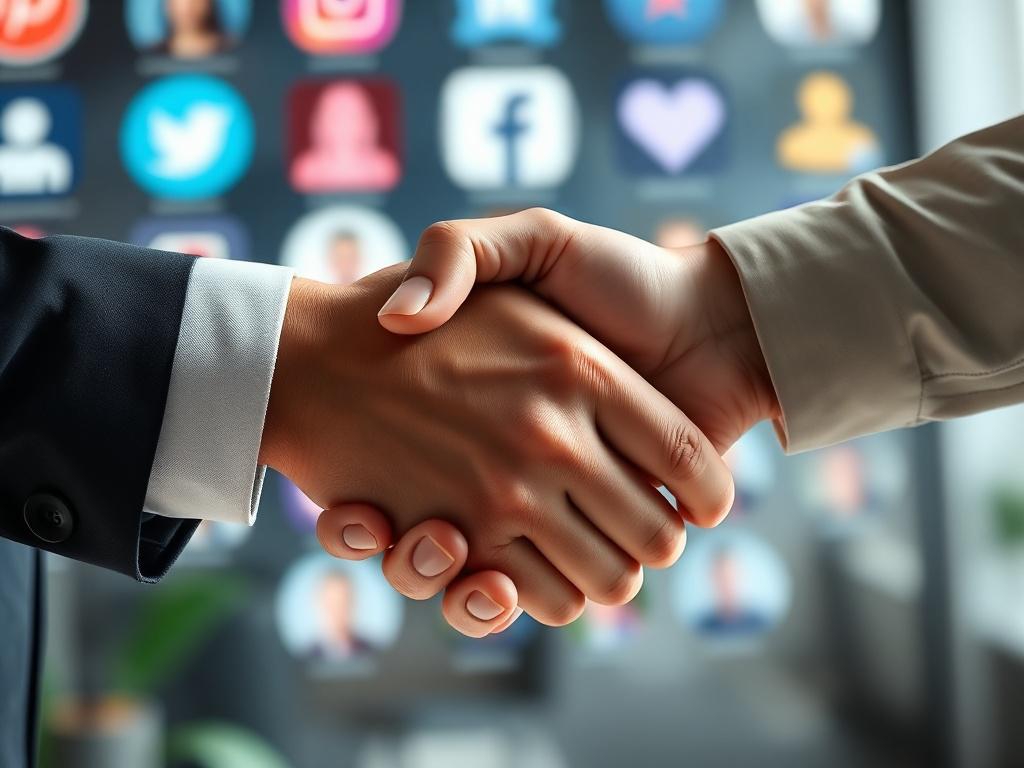 A stunning close-up of two hands shaking, symbolizing a successful partnership. In the background, blurred images of social media icons and influencer profiles create an engaging context. The lighting should be bright and professional, emphasizing the handshake as the focal point of the image.