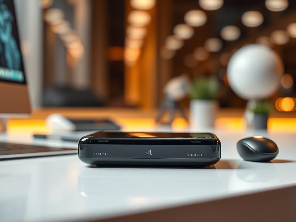 A close-up shot of a sleek, modern tech gadget displayed on a clean, minimalist desk. The image should capture the gadget's innovative design and features, set against a blurred background that suggests a high-tech environment. The composition should focus on the details of the product, rendered in a hyper-realistic style to highlight its sophistication.