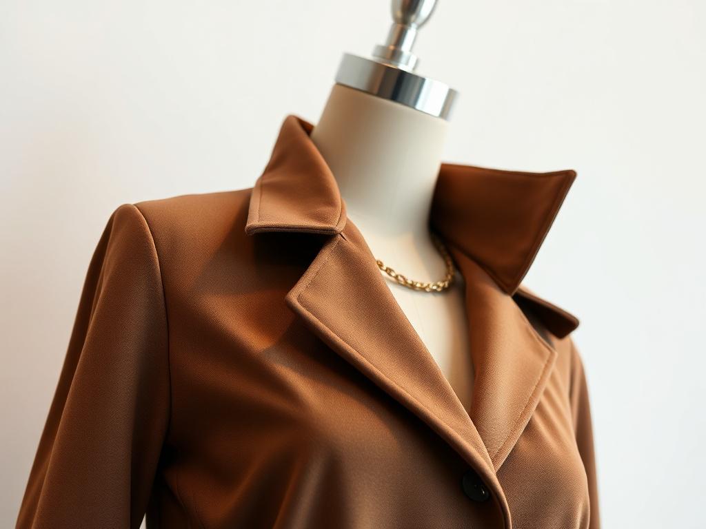 A close-up shot of a fashionable outfit on a mannequin, set against a minimalistic backdrop. The image should depict intricate details of the fabric and accessories, showcasing style and elegance. Use a hyper-realistic lens effect to enhance the textures and colors of the clothing, with a focus on capturing the essence of fashion trends.