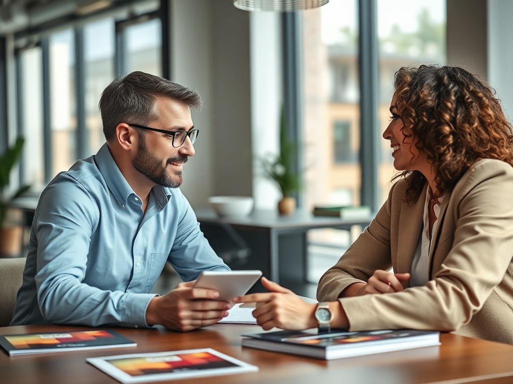 A high-resolution image of a professional meeting between a brand representative and an influencer, discussing campaign strategies. The setting is modern and inviting, with natural light pouring in. The focus is on their engaged expressions, conveying collaboration. The rgb(50, 170, 39) color scheme is subtly incorporated into the branding materials on the table.