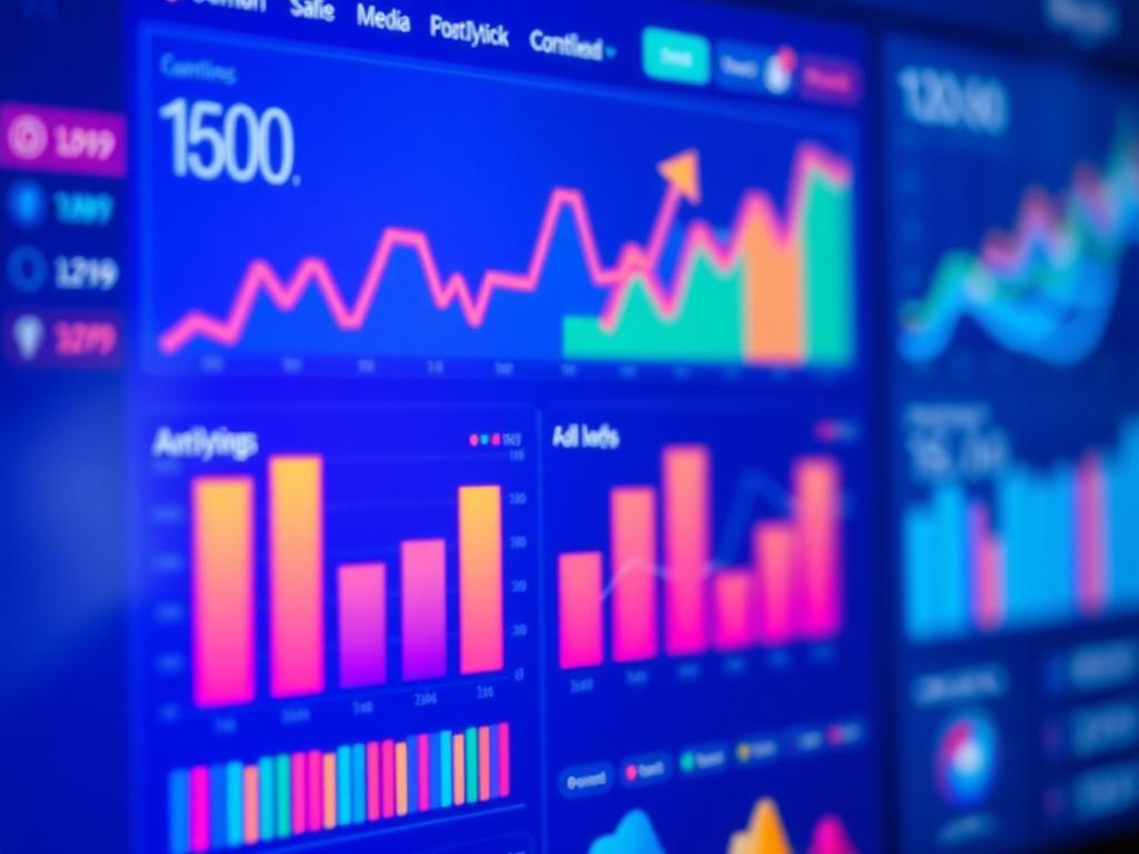 A close-up shot of a vibrant social media dashboard displaying analytics and engagement metrics, with a focus on growth indicators. The background is softly blurred to emphasize the dashboard, capturing the essence of digital marketing success. The colors are bright and engaging, reflecting the rgb(50, 170, 39) theme.