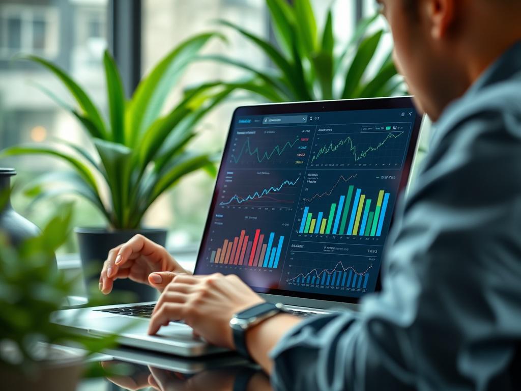 A striking image of a digital marketing expert analyzing website performance metrics on a laptop, with graphs and data visible on the screen. The environment is a chic office with greenery in the background, symbolizing growth and success. The colors align with the rgb(50, 170, 39) theme, creating an inviting atmosphere.