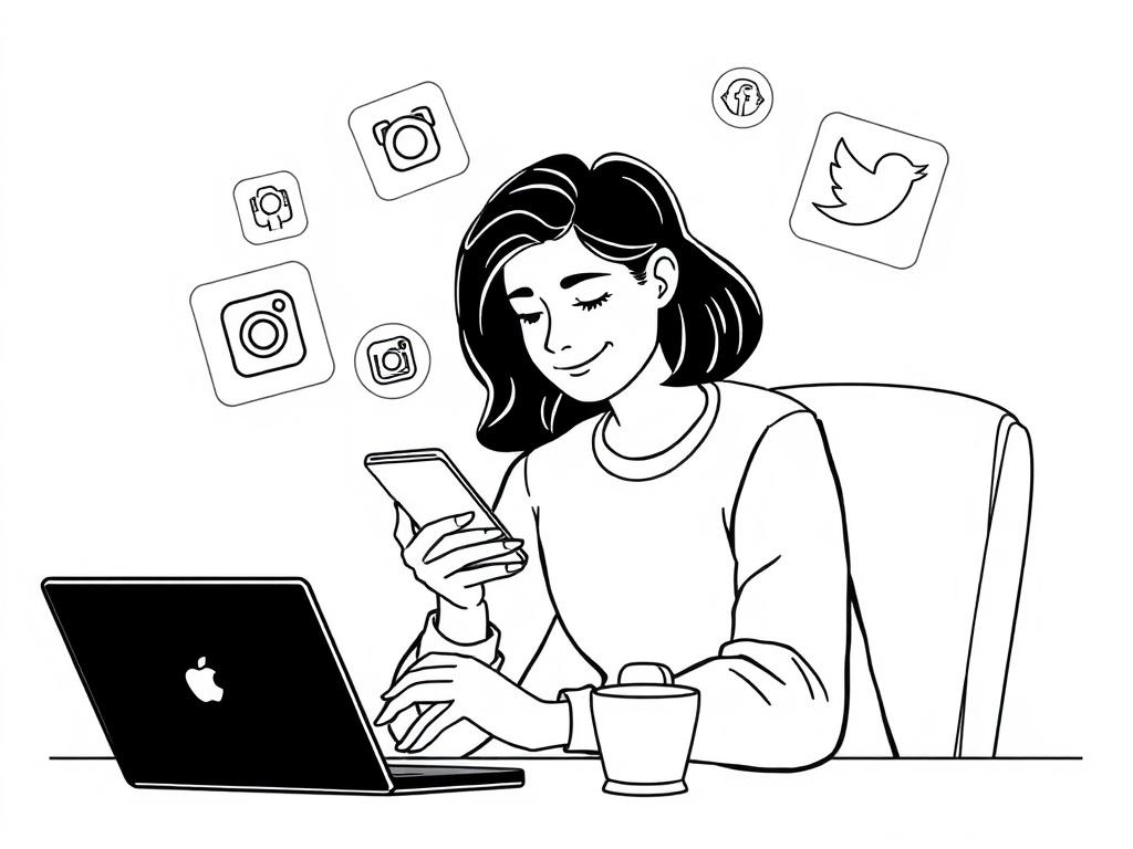 A high-quality black line drawing of a person using a smartphone while sitting at a desk, surrounded by social media icons like Instagram, Facebook, and Twitter. The background is minimalistic, allowing the focus to remain on the person and their phone.